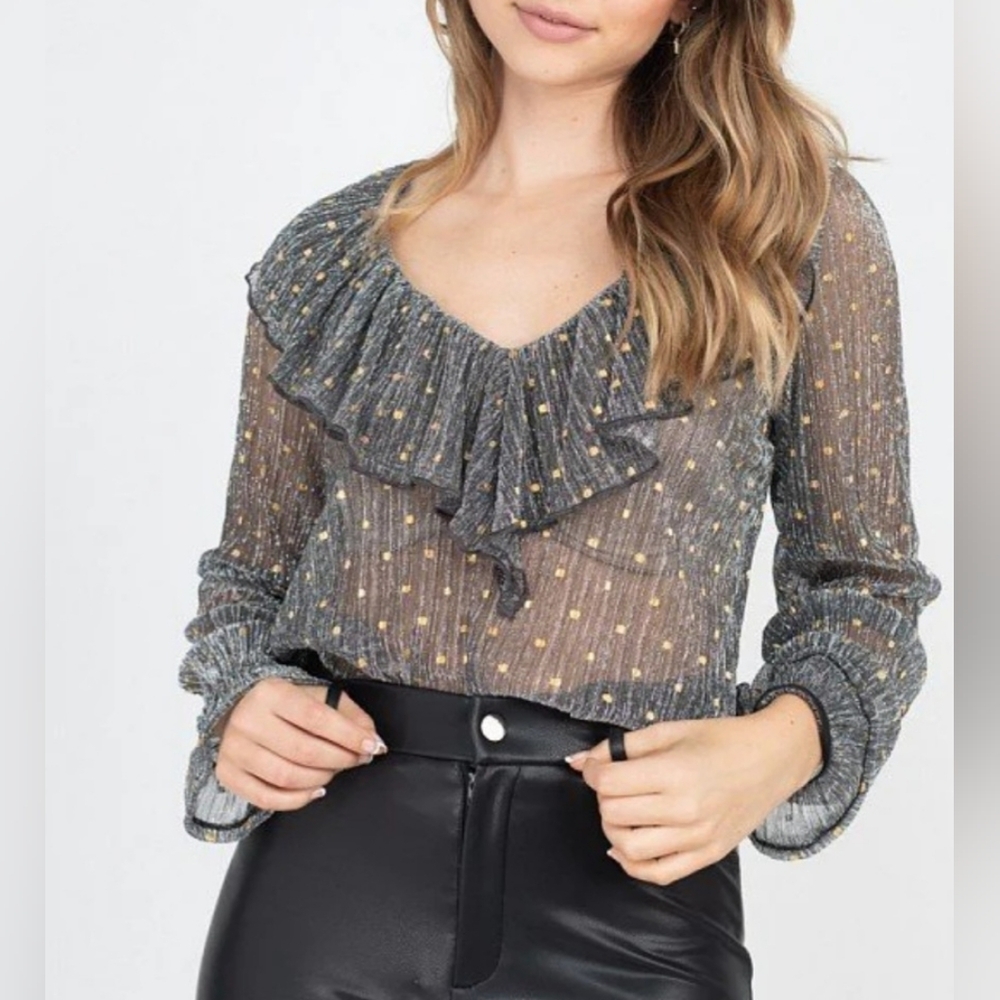 Story On Whiskey Kiss Metallic Gold Polka Dot Sheer Gray Bodysuit NWT Large